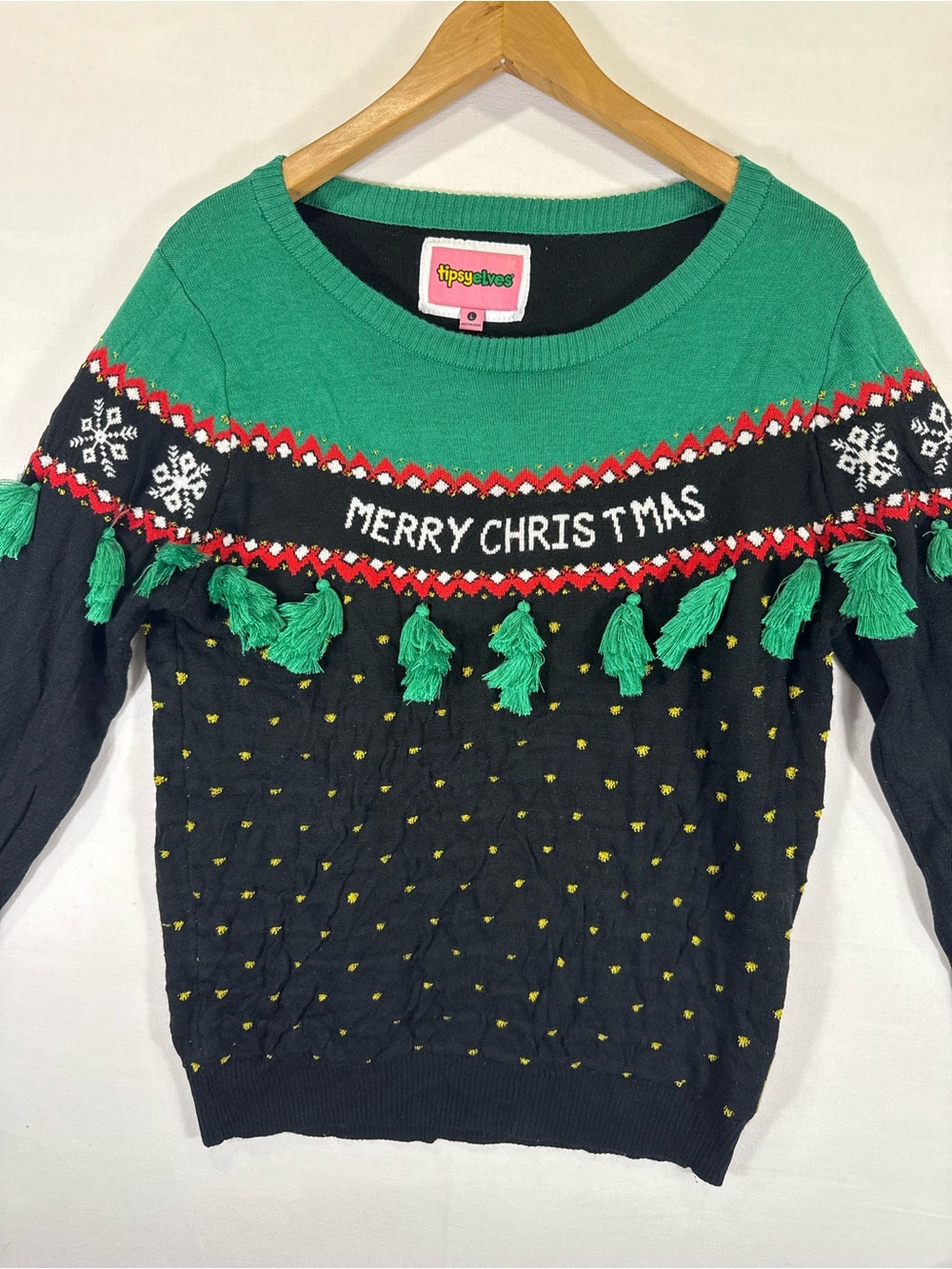 Tipsy Elves Green & Black Merry Christmas Tassel Crewneck Sweater